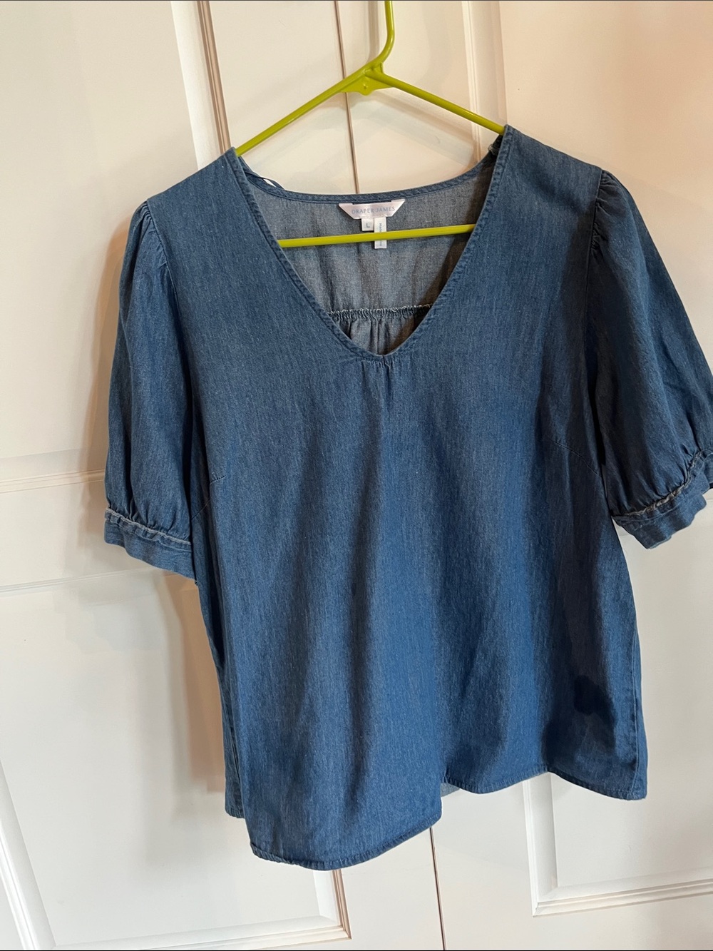 Light Denim V-Neck Puff Sleeve Top - Blue